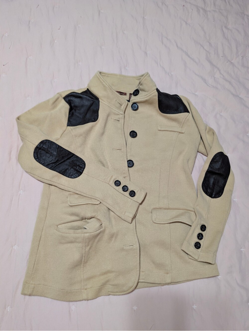 525 America Beige Cotton Jacket with Black Faux Leather Patches, Size M